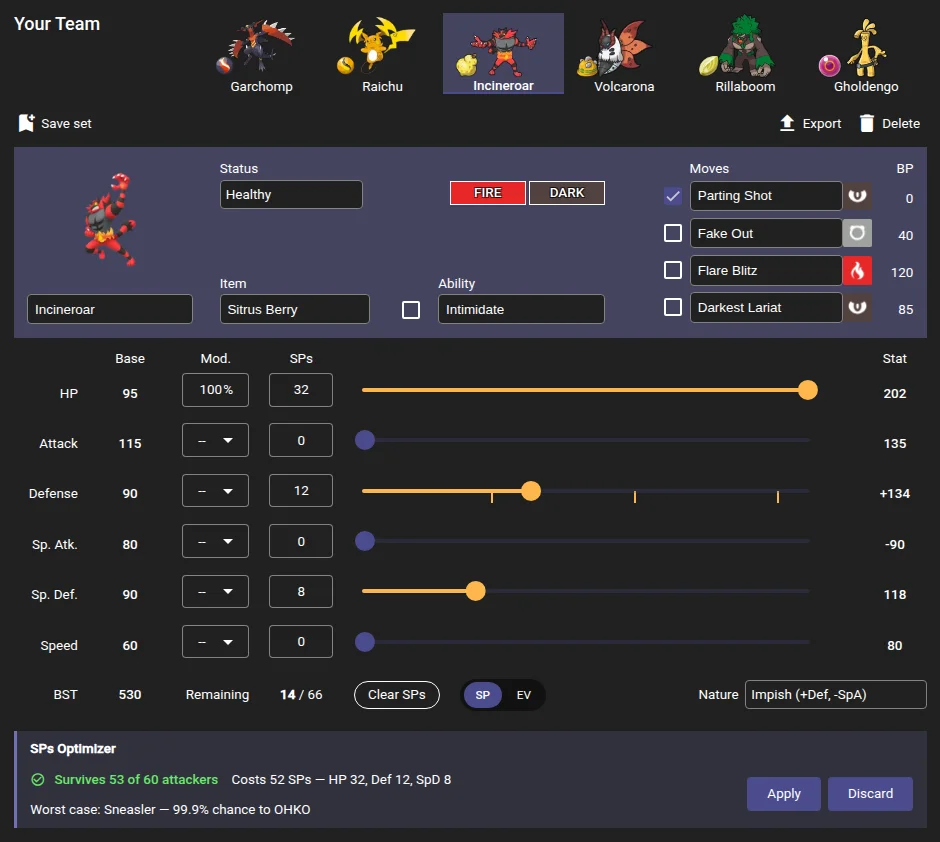 SP Optimizer result for Incineroar