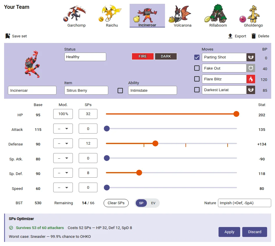 SP Optimizer result for Incineroar